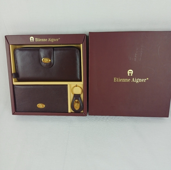 Vintage Etienne Aigner Ladies Wallet Gift Set Check Book Key Fob Brown NIB - Picture 4 of 7